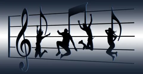 Dancers appear as musical notes on a treble clef with treble clef symbol and Stock Illustration