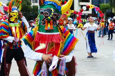Dancers dressed as Devil Huma at the at the parade, Ecuador Stock Photos