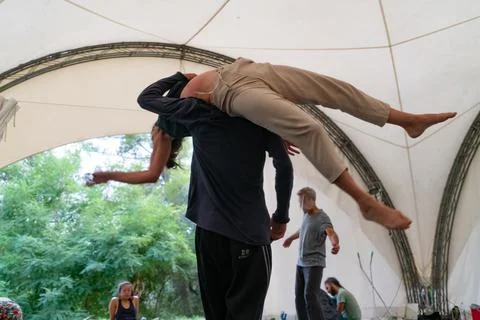 Dancers movement contact improvisation performance Stock Photos