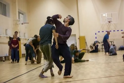 Dancers movement contact improvisation performance Stock Photos