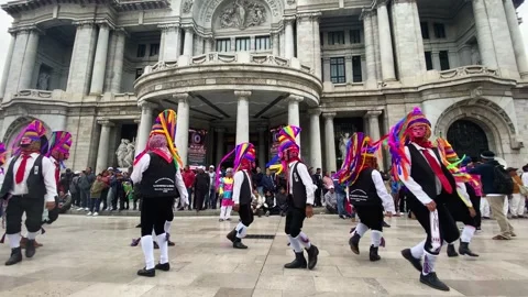 Dancers perform La Danza de la Quijada, from Oaxaca, in Mexico City 4K Stock Footage 297634251
