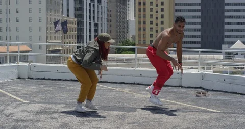Dancers performing their routine on top of a parking garage Stock Footage 97240665