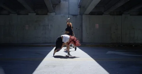Dancers performing their routine under an overpass Stock Footage 97036740