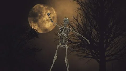 Dancing 3d skeleton on the background full moon night sky. moon light. clouds Illustrazione stock
