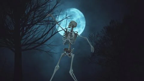Dancing 3d skeleton on the background full moon night sky. moon light. clouds Illustrazione stock