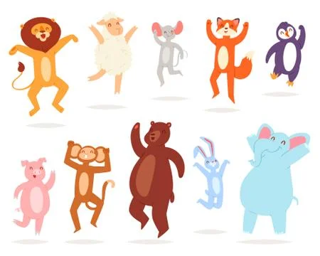 Dancing animals vector animalistic character lion bear fox in childish dance 스톡 일러스트