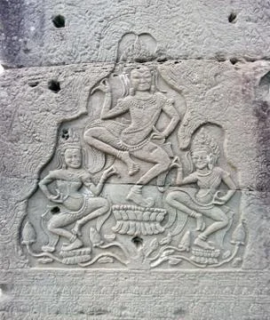 Dancing apsara on the wall in temple prasat bayon Stock Photos