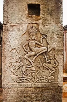 Dancing apsaras bas relief, Bayon temple , Siem Reap, Cambodia. UNESCO Worl.. Stock Photos