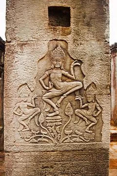 Dancing apsaras bas relief, Bayon temple , Siem Reap, Cambodia. UNESCO Wor... Stock Photos