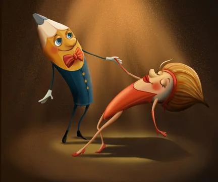 Dancing artist tools, bright comic, cartoon in children's style Stock Illustration