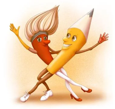 Dancing artist tools, bright comic, cartoon in children's style Stock Illustration