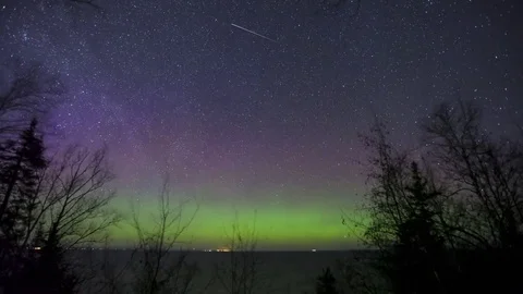 Dancing Aurora over Winter Lake Superior Stock Footage 81146248