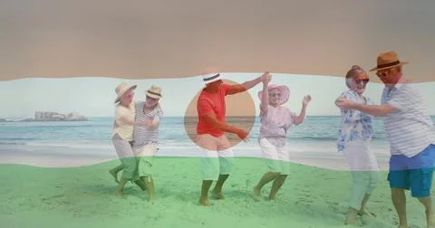 Dancing on beach, elderly people enjoying vacation over image of niger flag Stock Illustration