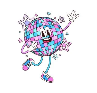 Dancing blue, purple disco ball groovy character Stock Illustration