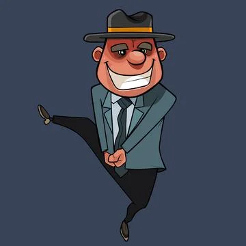 Dancing cartoon broad smiling man in suit and hat Stock Illustration