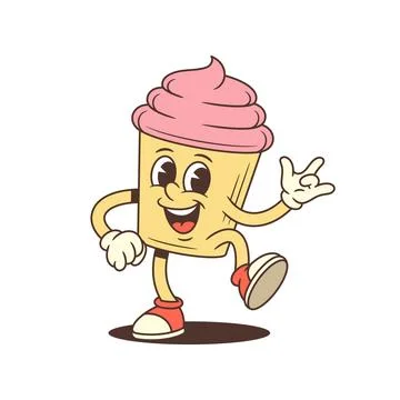 Dancing cartoon cupcake character mascot shows rock hand sign. Energetic retr Stock Illustration