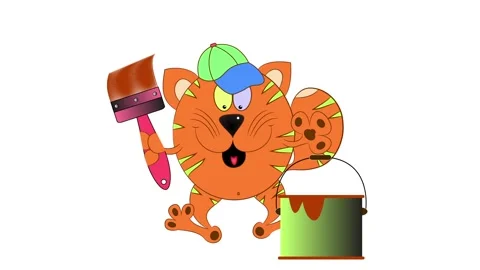 Dancing cat with brush and paint on a white background. Stock Footage 148988101