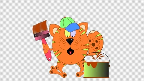 Dancing cat with brush and paint. Animation on a white and transparent. Stock Footage 148988293
