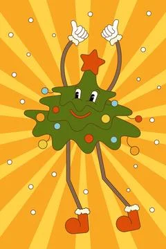 Dancing Christmas tree. Vector illustration in trendy retro groovy style イラスト素材