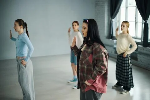 Dancing Class Participants Practicing Choreography Together Stock Photos