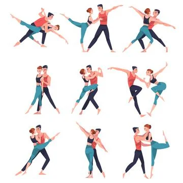 Dancing Couple Performing Dance at Choreography Class Vector Set Stock Illustration
