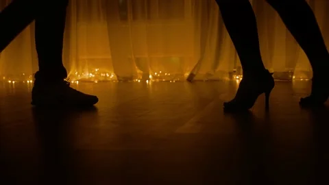 Dancing couple silhouette in intimate setting.salsa practice in the studio Stock Footage 218602498