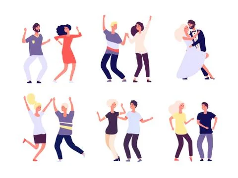 Dancing couples. Happy persons dance salsa, tango adults woman man dancers in Stock Illustration