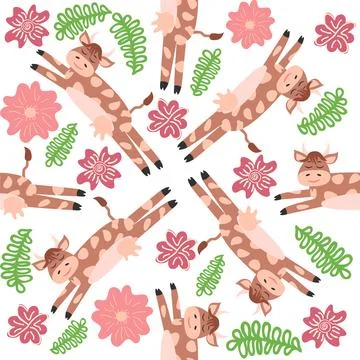 Dancing cow in the meadow cute seamless pattern, splashes of milk and the ins Illustrazione stock