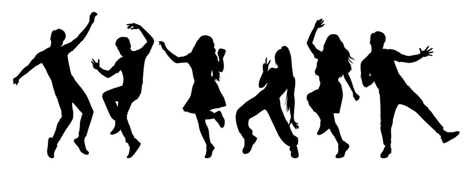 Dancing crowd, silhouettes in motion, jumping man dancer, jazz funk energy Stock Illustration
