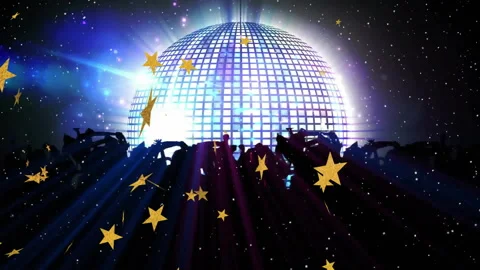 Dancing crowd under disco ball with falling stars animation Видео 304568251
