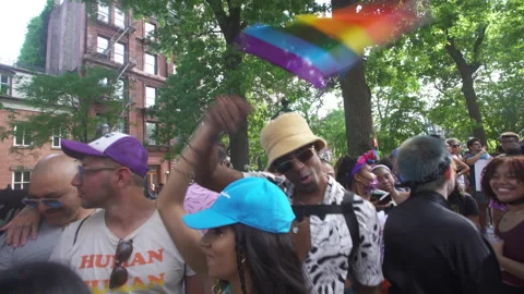 Dancing @ Crowded Celebration Scene at NYC Manhattan Pride Parade June 2021 Stock Footage 156568716