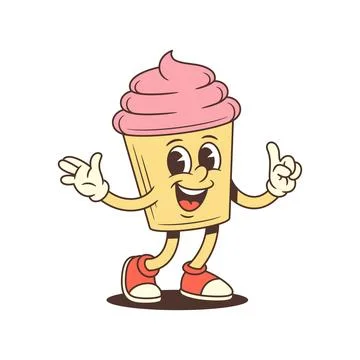 Dancing Cupcake Mascot Presenting Retro Cartoon Character Vector Illustration Stock Illustration