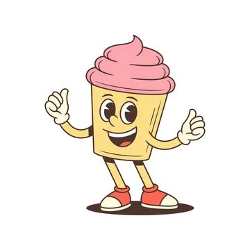 Dancing Cupcake Mascot Thumbs Up Retro Cartoon Character Vector Illustration Stock Illustration