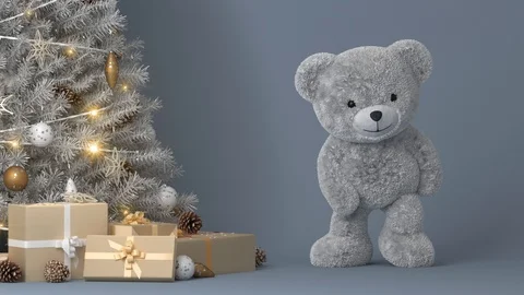 Dancing Cute Gray Teddy Bear Near The Christmas Tree And Gifts Vidéo 124146430
