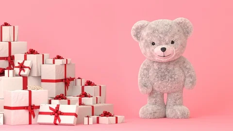 Dancing Cute Gray Teddy Bear Near The Bunch Of Gifts Vidéo 124228517