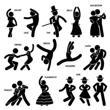 Dancing Dancer Ballet Jazz Tap Belly Ballroom Swing Break Modern Latin Tango Fla Stock-Illustration