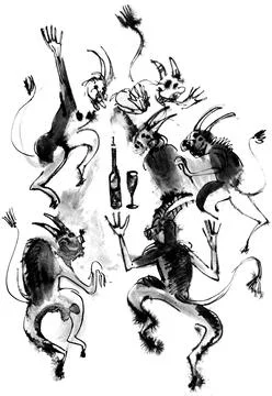 Dancing devils, ink drawing Stock Illustration