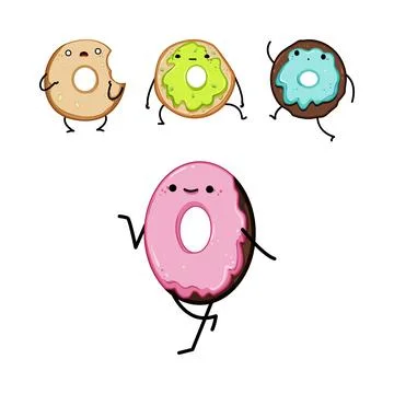 Dancing donut characters having sweet fun with expressions Stock Illustration