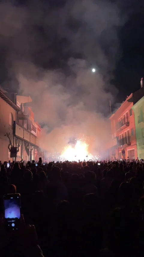 Dancing dragon at the end of a correfocs. Magical festival in which devils dance Video stock 251680504