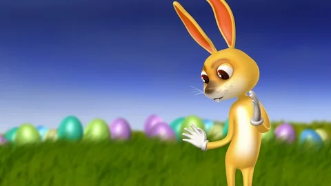 Dancing Easter Bunny With Easter Eggs and Blue Sky and Grass - 3D Animation Stock Footage 105444864