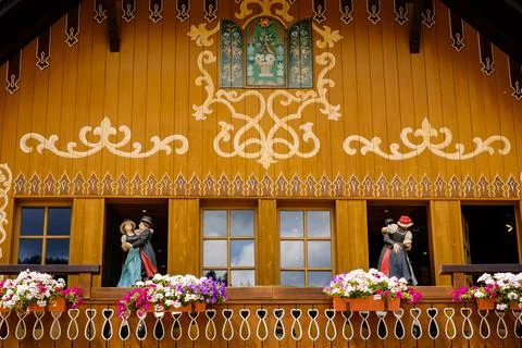 Dancing figures on big cuckoo clock house Hofgut Sternen, Breitnau, Germany Stock Photos