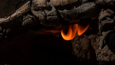 Dancing flame on burnt firewoods against blur embers background. Slow motion. 動画素材 98740406