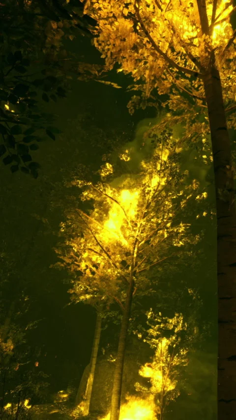 Dancing flames illuminate a forest canopy in an enchanting twilight scene Stock Footage 332203657