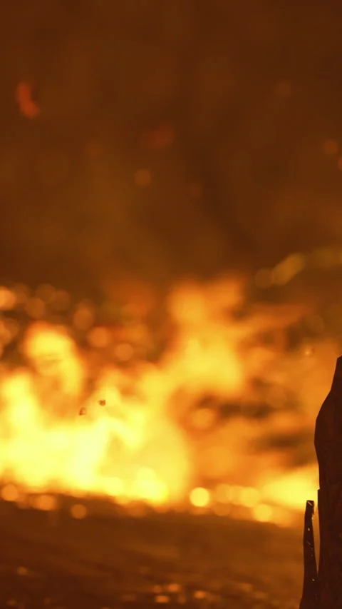 Dancing flames illuminate the night sky with a warm, orange glow Video stock 334255354