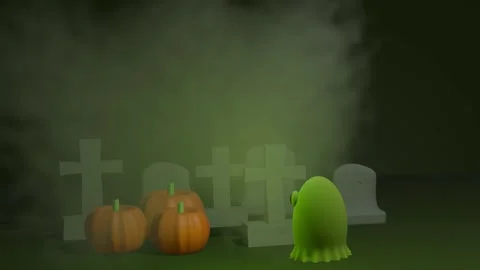 Dancing ghost in graveyard with pumpkins with fog background Stock Footage 305648194