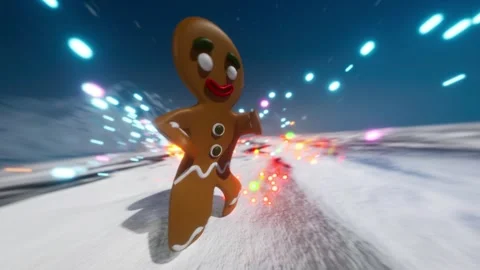 Dancing ginger bread cake animation with glowing christmas lights in backgro Stock Footage 256843879