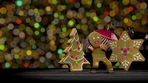 Dancing gingerbread man next to gingerbread cookies in tree and star shape Stock Footage 292843908