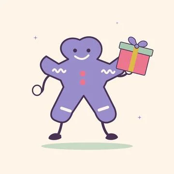 Dancing gingerbread mascot with a holiday gift. Original cheerful food charac イラスト素材