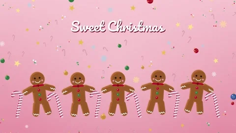 Dancing gingerbread men and candy canes with Sweet Christmas text on pink 스톡 동영상 348258421