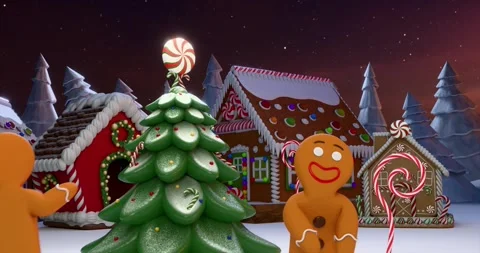 Dancing gingerbread men in a christmas candy village at night Stock Footage 318787479